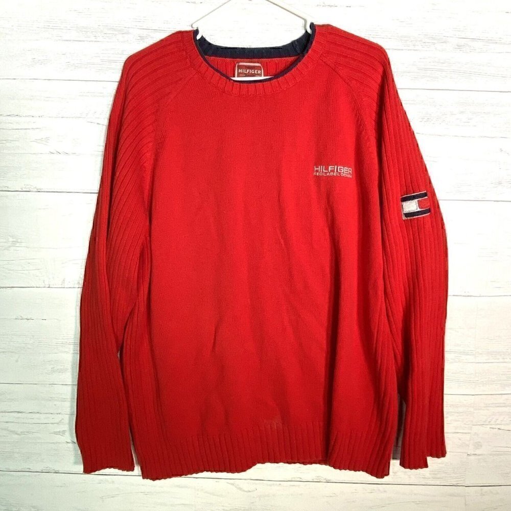 Vintage Y2K Tommy Hilfiger Red Sweater Ribbed Arms Back Flag Logo